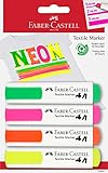 Faber-Castell 159591 - Textilmarker in Neonfarben für helle Stoffe, 4er Packung, 1-5 mm Strichbreite, Bad Taste Party, Kindergeburtstage, Junggesellenab