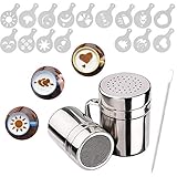 Whaline 2 St¨¹ck Edelstahl Schokoladenstreuer Staubwedel mit 16 St¨¹ck Cappuccino Kaffee Barista Schablonen und 1 Edelstahl Coffee Art Pull Pin f¨¹r K¨¹Che, Getr?nke und Back