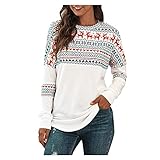 Damen Weihnachtspullover Rundhals Langarmshirt Weihnachten Shirts Herbst Winter Pullover Langarmshirt Farbblock Tops Tunika Blusen Elch Drucken Oberteile Festival Casual Pulli Loose Sport Outw