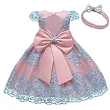 Baby Kleid Festlich Mädchen Tüll Blume Prinzessin Hochzeitskleid Baby Mädchen Prinzessin Kleid Spitze Taufkleid Festlich Kleid Hochzeit Party Festzug Taufe Tutu Kleid mit Stirnband blau+rosa 120
