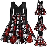 Rockabilly Kleider Damen Festlich Halloween Kostüm 1950Er Retro Muster Cocktailkleid Langarm Abendkleider Sexy V-Ausschnitt Ballkleid Lässigmit Faschingskleid Herbst Kleid Cosplay Anime Kostü