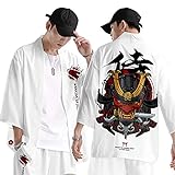 CHUIKUAJ Kimono Cardigan Haremshose Set Herren Damen 3/4 Ärmel Jacke - Japanese Samurai Fashion Print Harajuku Loose Streetwear,White-M