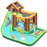 GOPLUS Aufblasbarer Hüpfburg Wasserpark mit Rutsch und Kletterwand, Planschbecken für Kinder 3+ Jahre, Spielpool im Outdoor, Mehrfarbrig, inkl.Tragetasche, 368x303x230cm (ohne Gebläse)