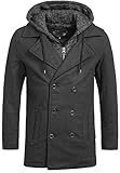 Indicode Herren Cliff Kurzmantel aus hochwertiger Wollmischung mit Stehkragen | kurzer Wollmantel moderner Herrenmantel Lange Jacke Wintermantel Zweireiher Mantel für Männer Charcoal Mix S