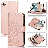 UEEBAI Handyhülle für iPhone SE 2020 iPhone 7 iPhone 8, PU Leder Flip Hülle 3D Reliefprägung Butterfly Retro Reißverschluss TPU Klapphülle Kartenfach Standfunktion Geldbörse Handschlaufe - Rose G