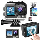 Action Cam 4K 20MP/60FPS Doppelbildschirm, 170° Weitwinkel 4X Zoom PC Webcam Sportkamera WiFi Unterwasser 40M wasserdichte Kamera mit EIS, 1050mAh Batterien und Montagesets(Size:Keine SD-Karte)