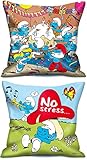 Die Schlümpfe Kissen Set mit 2 verschiedene Motive No Stress & Partytime Schmusekissen Kuschelkissen 2er Pack Kinderkissen Schlump