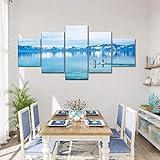 Laimi Leinwandbild 5 TLG.schwarz weiß Bilder Druck auf Mehrteilig Boot auf blauem Meer Vlies 5 Teilig Kunstdruck modern Wandbilder XXL Wanddekoration Design Wand Bild R