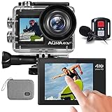 Action cam, Unterwasserkamera, 4K 24MP / 30FPS -170 ° Weitwinkel WiFi Touchscreen Doppelbildschirm Action Kamera, mit Tragetasche, External Microphone, Fernbedienung und 2x1350mAh Akkus Zubehö