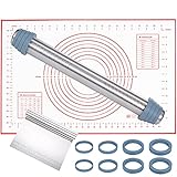 Fayomir Teigrolle Edelstahl, Teigroller mit abstandshalter, Dicke-Verstellbares Nudelholz Einstellbar, 4.5 cm Durchmesser, 42 cm Länge, mit Silikon Backmatte und Teigschab