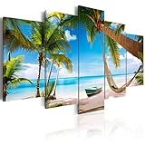 decomonkey Bilder Strand Palmen 200x100 cm 5 Teilig Leinwandbilder Bild auf Leinwand Wandbild Kunstdruck Wanddeko Wand Wohnzimmer Wanddekoration Deko Meer I