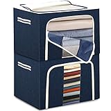 Faltbare Aufbewahrungsbox Kleidung Aufbewahrungstasche Stapelbar - Mit Edelstahlrahmen 2x 72L, Tulab Oxford Stoff kleideraufbewahrung Box für Kleiderschrank, Wasserdicht, Mit Deckel, Fenster, G