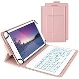 Beleuchtete Tastatur Hülle für alle 7-8 Zoll Tablet, Bluetooth Wiederaufladbare Funktastatur mit Schutzhülle für iPad, Android, Windows Tablet, QWERTZ Deutsches Layout, Rosag