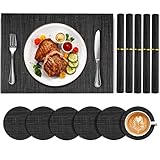 Tischset Abwischbar Platzsets Abwaschbar 12er Set Platzdeckchen Rutschfest Tischuntersetzer 6 Tischunterlage+6 Untersetzer Set PVC Abgrifffeste und Hitzebeständig für Zuhause Restaurant Dunkel G