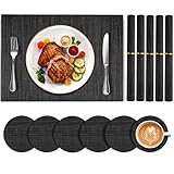 Tischset Abwischbar Platzsets Abwaschbar 12er Set Platzdeckchen Rutschfest Tischuntersetzer 6 Tischunterlage+6 Untersetzer Set PVC Abgrifffeste und Hitzebeständig für Zuhause Restaurant Dunkel G