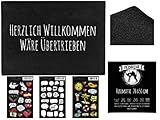 Pechkeks Fußmatte mit Spruch „ Herzlich Willkommen “ (Größe 70x50cm; rutschfest, waschbar, schwarz) + 52 Sticker S