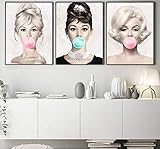 QINGRENJIE Berühmte Stern Poster und Drucke Audrey Hepburn Marilyn Monroe Kaugummi Wandkunst Poster Moderne Kunst Wandbild Frau Wohnkultur 3 Stück 50X70Cm * 3 Ohne R