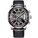 Benyar Quarz-Chronograph, wasserdichte Uhren, echtes Business-Multifunktions-Sport-Design, Lederband, Armbanduhr für Herren (5102 A schwarz)