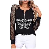 Bluse Damen Frauen V-Ausschnitt Sexy Spitze Langarm T-Shirts Lässige Lose Schädel Flügel Liebe Herz Print Blusen T-Shirt Mode Patchwork T Tops Geschenk für Teen G