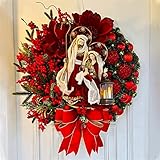Weihnachtskranz TüR AußEn, 40cm Weihnachtskranz mit Beleuchtung, Künstlicher Weihnachtskranz Mit Windlicht, Roter Retro-Weihnachtskranz mit Beeren und Schleifenverzierung, Für Türwanddekoration (A)