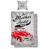 SkyBrands Bettwäsche Oldtimer 135x200 cm 80x80 Kissenbezug Route 66 | Amerika Bettwäsche-Set Vintage Retro 100% Baumwolle [Mit Reißverschluss] ÖKO-TEX Standard Deutsche Größ