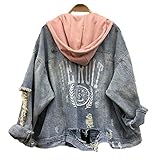 RLWQLFS Jeansjacke Frühling mit Kapuze Jacke Frauen Loch Plus größe Denim Mantel Stickerei Jeansjacke Frauen Casual Langarm Frau Jacke Mantel, XL