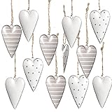 Logbuch-Verlag 12 beige grau weiß gepunktete Metall Blech Herzen zum Aufhängen Herzanhänger Hochzeit Weihnachten Valentinstag Ostern Muttertag shabby