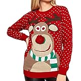 KXZD Pullover Damen Oberteile Strickpulli Rundhals Weihnachtspullover Rentiermuster Winter Christmas Sweater Damen Rentier Schneeflocken-Muster Rundhals Weihnachtspulli Gestrickt W