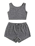 SOLY HUX Damen Shorts und Top Sets 2 Piece Tank Top Bauchfrei Tops Camisole Kurze Hose Hauseanzug Kombi 2-Teiler Home Set Dunkelgrau S