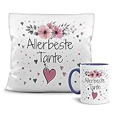 PR Print Royal Geschenk-Set aus Tasse und Kissen mit Füllung - Allerbeste Tante - Persönliche Geschenkidee für Beste Freunde, Verwandte und Familie - weiß/b