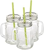PEARL Retro Gläser: 3er-Set Retro-Trinkgläser mit Henkel, Deckel und Trinkhalm (Smoothie Gläser)