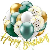 Balloono 60 Stück Luftballons Geburtstag Set ● Geburtstagsdeko Grün Weiß Gold mit 'Happy Birthday' Banner ● Party Dek