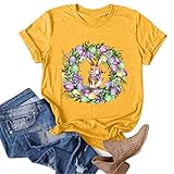 BUKINIE Damen Happy Easter T Shirt Bunny Rabbit Graphic T-Shirt Lustig Sommer Niedlich Rundhals Kurzarm Shirts Tops Gr. Small, gelb