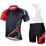 X-TIGER Herren Fahrradtrikot Set Trikot Kurzarm+ Bib Shorts für Radsport (Schwarz rot + weiß, XL)