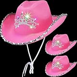 3 Stücke Aufleuchten Land Western Rosa Cowgirl Hut Rosa Cowboy Hut mit Blinkender Tiara und Hals Zeichnen Kordel Filz Cowboy Kostüm Zubehör für Mädchen Frauen Party Hut und Spiel Ank