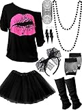 80 Jahre Kostüm Zubehör Set, T-Shirt Tutu Stirnband Ohrring Halskette Beinlinge(XL,Schwarz)