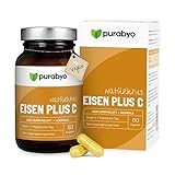 Pflanzliches Eisen aus Curryblatt mit 40 mg natürlichem Vitamin C aus Acerola | im Glas | Eisen mit 100% NRV | Vegan | Nur 1 Kapsel täglich | 2-Monatsversorgung