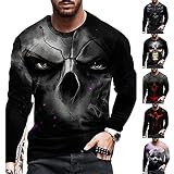 HNOFIQNF Langarmshirts Herren Skelett 3D Drucken Oberteile Lässiges Lockeres Rundhals Shirt Männer Casual Lange Ärmel Oversize Langarm Pullover Herbst Winter Blusen T-Shirt Top