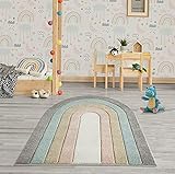 the carpet Monde Moderner Designer Wohnzimmer Teppich, Weicher Kurzflor, Hoch Tief Effekt, Blickfang, Oval, merhfarbig, Regenbogen, Bunt, Anthrazit-Blau-Gold-Mix, 133 x 150 cm, O