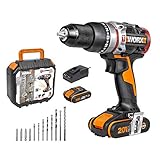 WORX 18V(20V MAX) Akku-Schlagbohrschrauber WX354.2 (Schlagbohrschrauber+bürstenlose Motor), 2x2,0Ah Akkus und Ladegerät, 2 Gänge, Koffer, 18+1+1 D