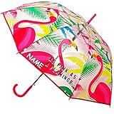 alles-meine.de GmbH großer XL - Automatik - Regenschirm - Flamingo & Palmen - Blumen - inkl. Name - Ø 102 cm / durchsichtig & durchscheinend - transparent - groß Stock