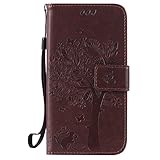 Karomenic kompatibel mit Samsung Galaxy S5 PU Leder Hülle Katze Baum Prägung Handyhülle Brieftasche Silikon Schutzhülle Klapphülle Ledertasche Ständer Wallet Flip Case Schale Etui,Brown#