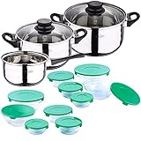 Renberg San Ignacio Kochtopfset 5 Edelstahl mit 10-teiligem Glas-Set mit grünem Deckel, Bateria fiamb