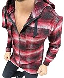 Megaman Herren Holzfäller Hemd mit Kapuze Langarm Karohemd Jacke Kariert Shirt Flanell Holzfeller Baumwolle Flanellstoff Jacket in M Rot/Schw