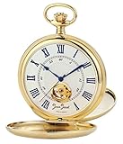 JEAN JACOT Taschenuhr – Zeitloses Accessoire für KULTIVIERTE Herren – Offene Unruhe – Skelettwerk mit Handaufzug – Inklusive Kette (Gehäuse-Ø 53 x 16 mm) (Gold)