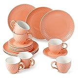 suntun Kaffeeservice 6 Personen, 18 teilig Porzellan Orange Kaffeegeschirr Set mit je 6 Kuchenteller, 6 Kaffeetassen 195ml, 6 Untertasse, Vintage Geschirrset Schneeflocken Relief Desig