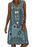 Minetom Sommerkleid Damen V-Ausschnitt Strandkleider Einfarbig A-Linie Kleid Boho Knielang Kleid Ärmellos T-Shirt Kleid A Grün XL