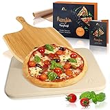 Amazy Pizzastein inkl. Bambus Pizzaschaufel, Dauerbackfolie und Beileger – Der Ultra-hitzebeständige Brotbackstein verleiht Ihrer Pizza den original italienischen Geschmack knuspriger Steinofenp