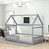 Kinderbett 90 x 200cm Hausbett Spielbett Kinderhaus mit Rausfallschutz, Tafel und robuste Lattenrosten, Kiefernholz Haus Bett (ohne Matratze)