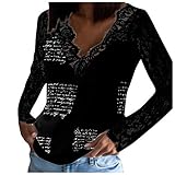 KYBA Pullover Damen Tunika Einfarbig Mit V-Ausschnitt Bluse Spitze Langarmshirts Slim Fit Shirts Sexy Oberteile Damen Baumwolle Bluse Tshirt Top